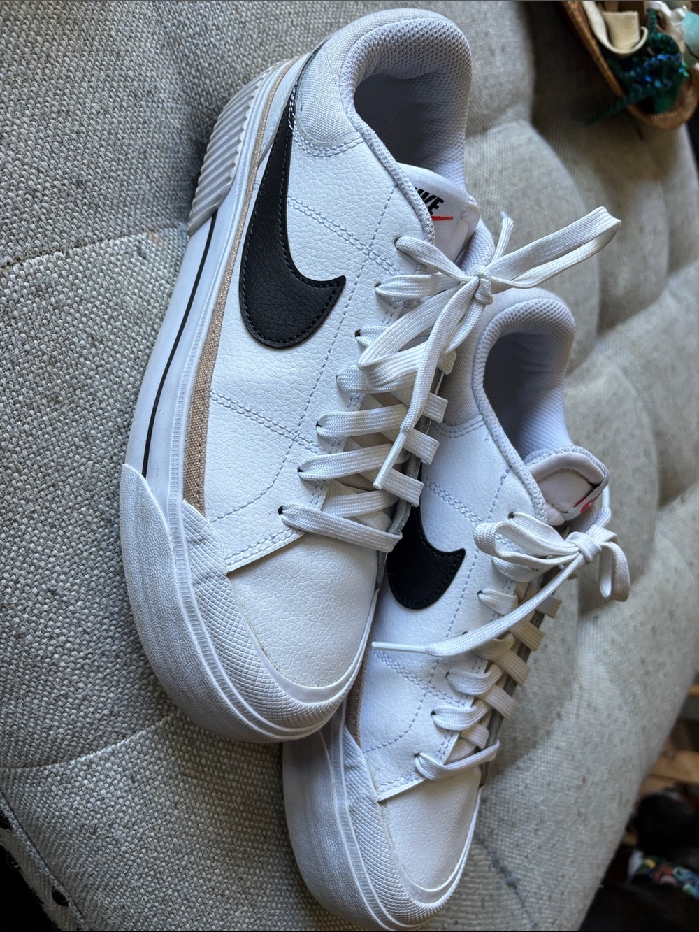 Nike White Sneakers with Black Swoosh and Tan Accent